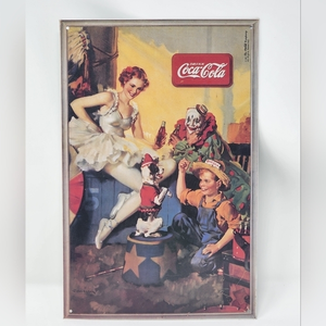 1990 Coca Cola Sign Tin Logo 8‎ 1/2"× 13" Vintage Girl Dancer Kid Dog Clown Red